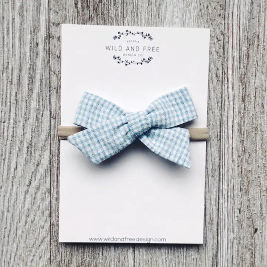 Light Blue Checked Bow Baby Headband