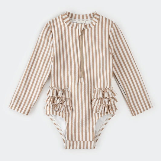 Petit Lem Long Sleeve Swimsuit - Beige Stripe